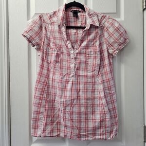 H&M Mama Pink & White Plaid Short Sleeve Maternity Shirt Size Medium